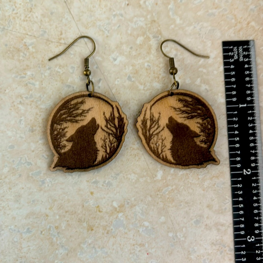 Wood wolf, howling earrings. Handmade of wood